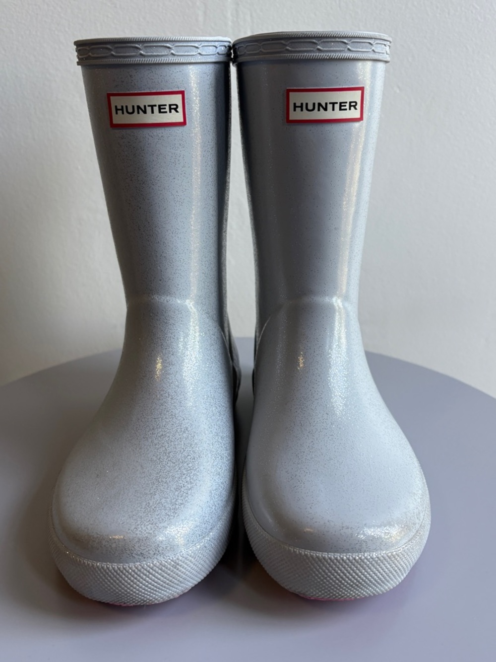 Hunter Rain Boots, Sparkly Silver w Pink Soles. Size 13. Like New